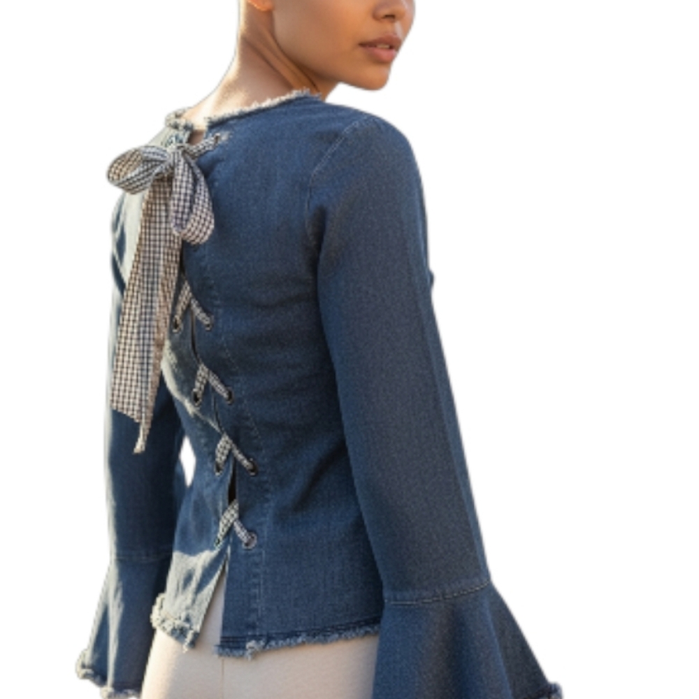 Moelleux Denim Frayed Lace-Up Women's Top. XS.